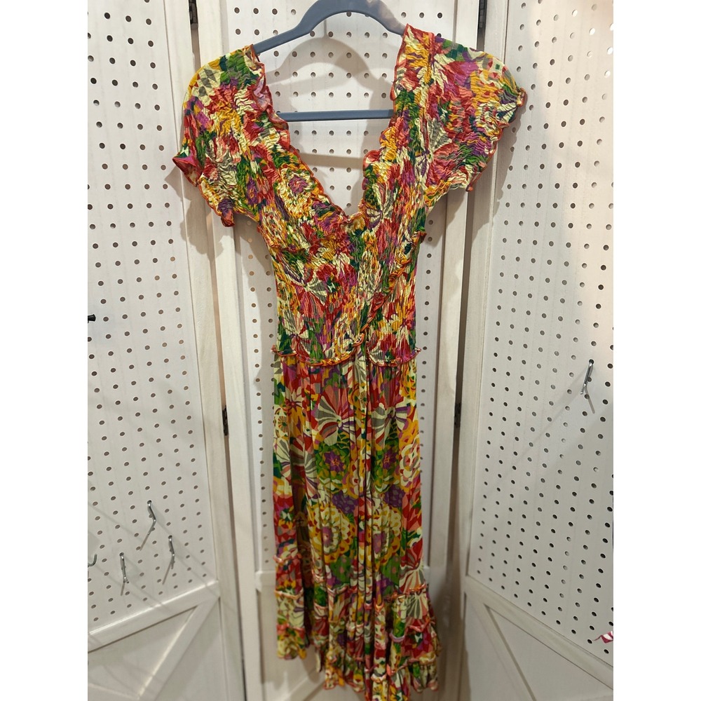 Luna‎ Llena Smocked Floral Maxi Dress Off Shoulder Ruffle V Neck Bohemian M - Picture 8 of 8